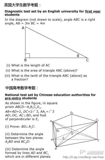 中国高考和英国大学生的数学考题的差距,当时